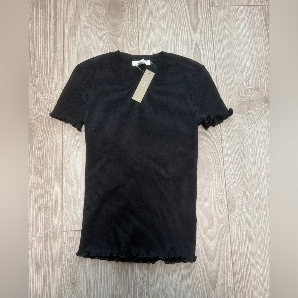 Black J. Crew Ruffle-trim T-shirt in TENCEL™ lyocell blend lettuce hem classic